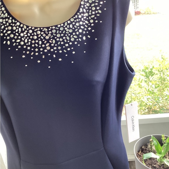 Calvin Klein Navy Blue and Crystal Embellished Short Sleeve Dress NWT SZ 12 - Picture 3 of 10